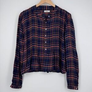 Natural Life Montana Top Plaid Blouse Womens S Blue Orange Metallic Shimmer Boho